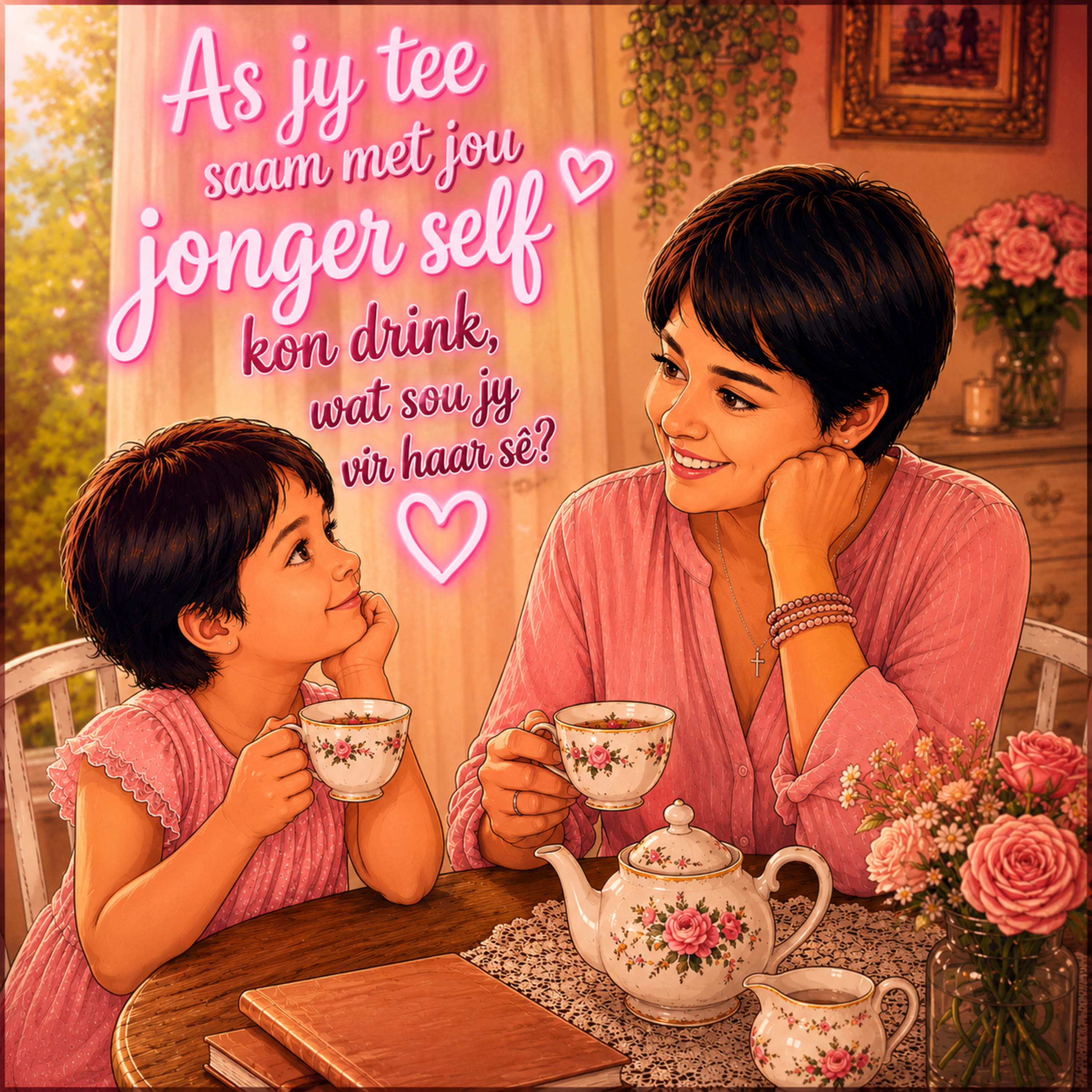 As jy tee saam met jou jonger self kon drink, wat sou jy vir haar sê? by glow flower cover art