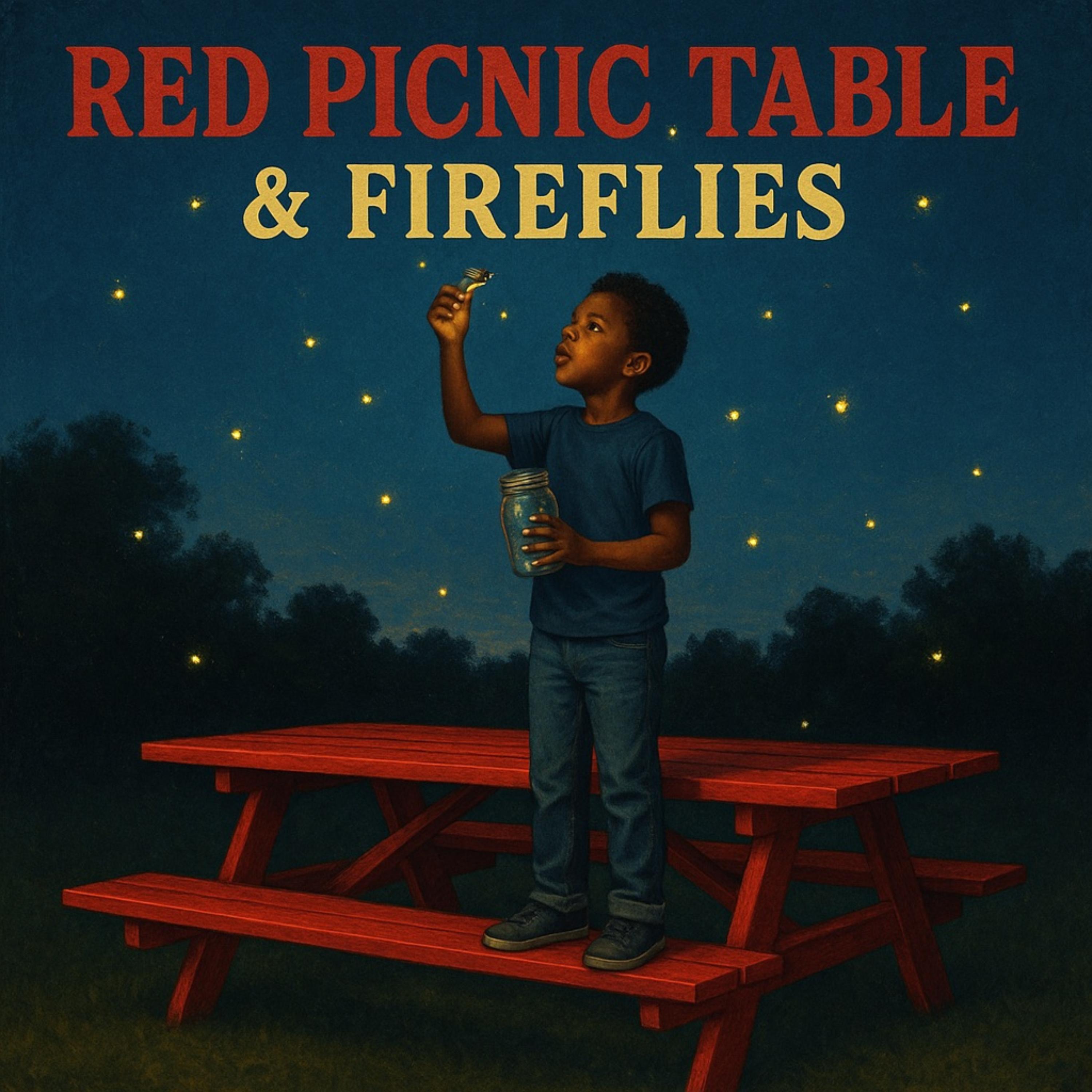 Red Picnic Table & Fireflies artwork