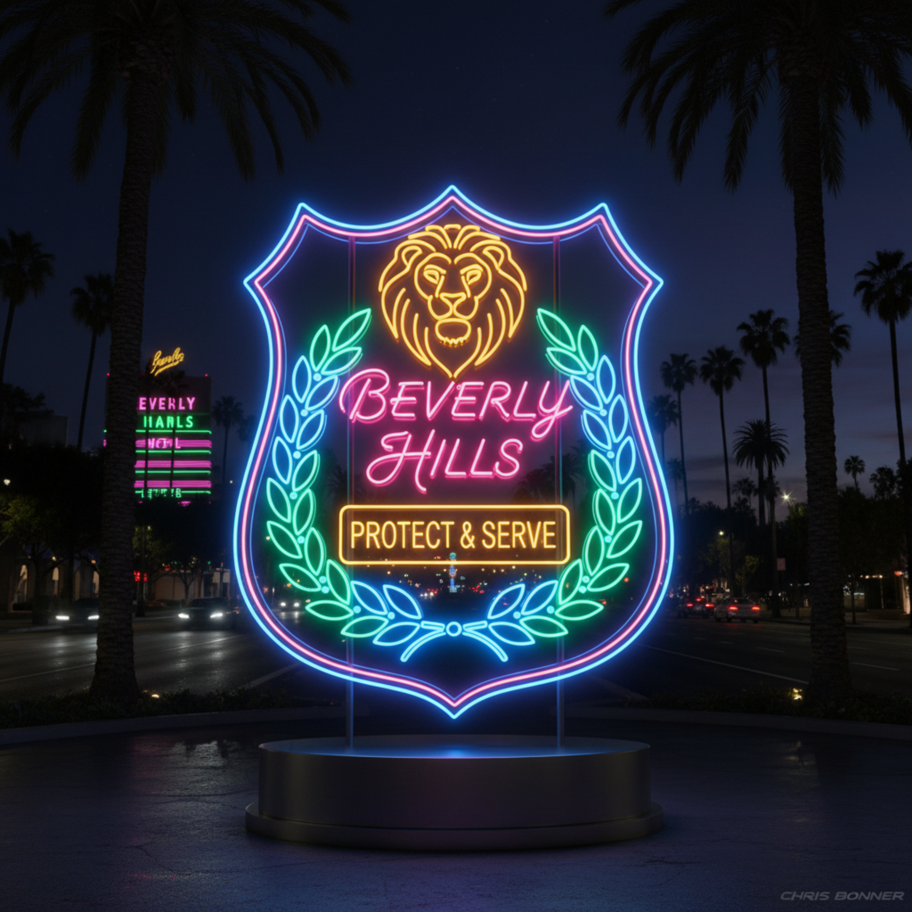 Neon Badge in Beverly Hills by Chris Bonner UK cover art